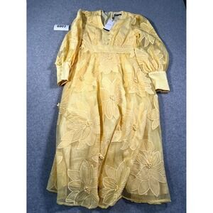 ANEWSTA Maxi Dress Womens Small Yellow Mesh Embroidered Floral Long Sleeve